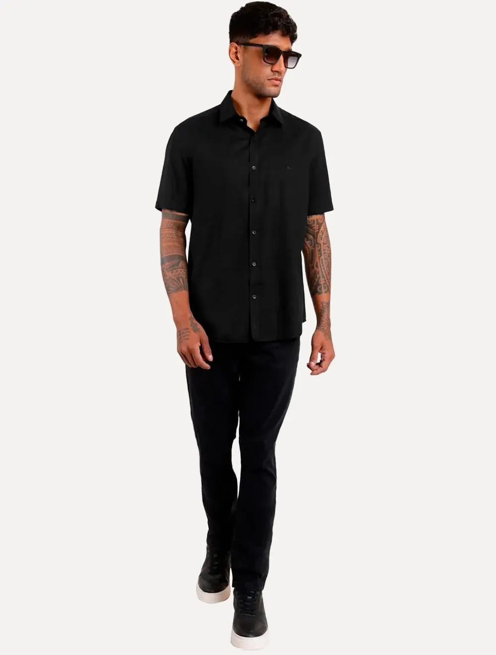 Camisa Aramis Masculina Manga Curta Tricoline Stretch Pocket Mono Preta