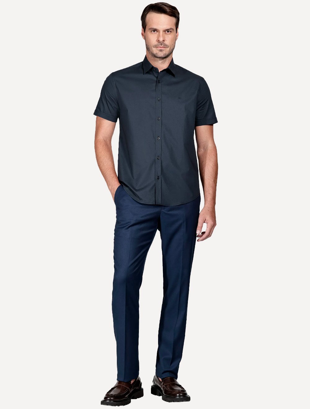 Camisa Aramis Masculina Manga Curta Slim Stretch Tricoline Azul Marinho
