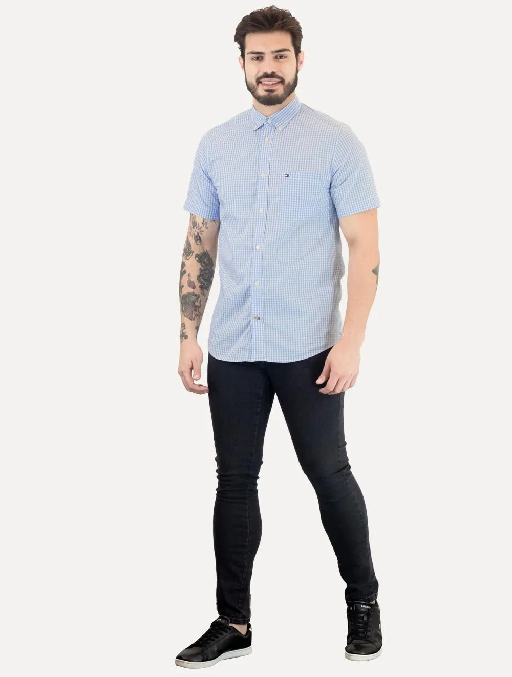 Camisa Tommy Hilfiger Masculina Manga Curta Pocket Gingham Azul Claro