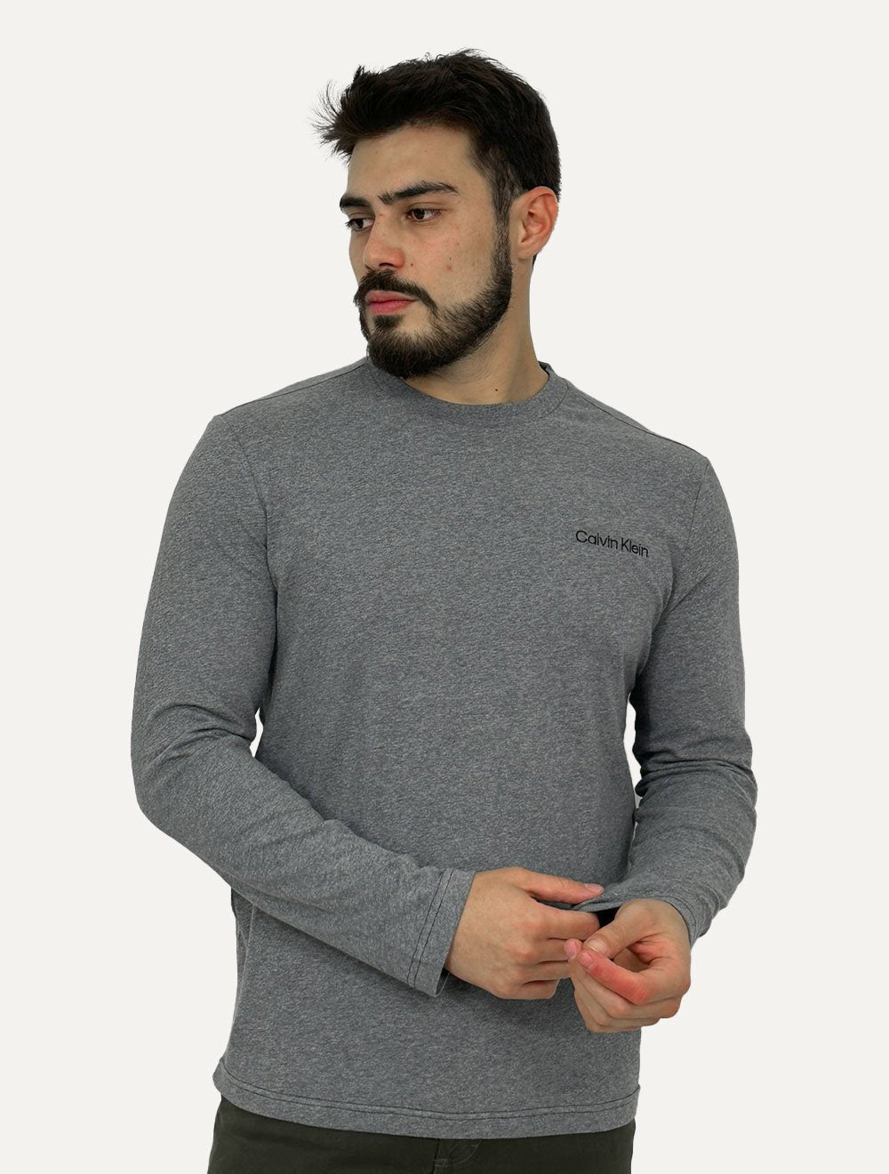 Blusa Calvin Klein Masculina Manga Longa Logo Bordado Cinza Escuro Mescla
