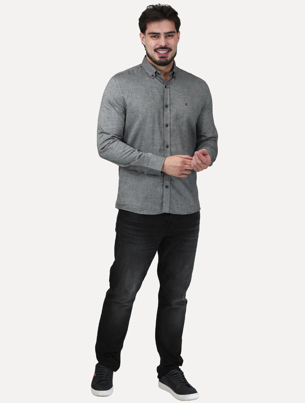 Camisa Calvin Klein Jeans Masculina Regular Oxford Leve Logo Cinza Mescla