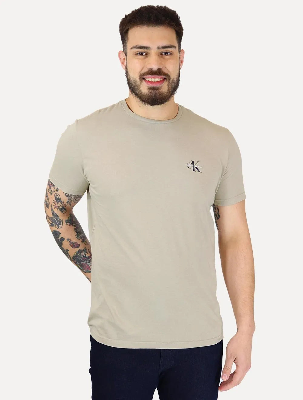 Camiseta Calvin Klein Jeans Masculina New Mono Logo Re Issue Cáqui Claro
