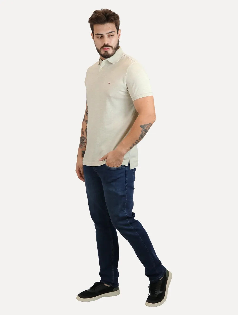 Polo Tommy Hilfiger Masculina Regular Piquet 1985 Areia Mescla