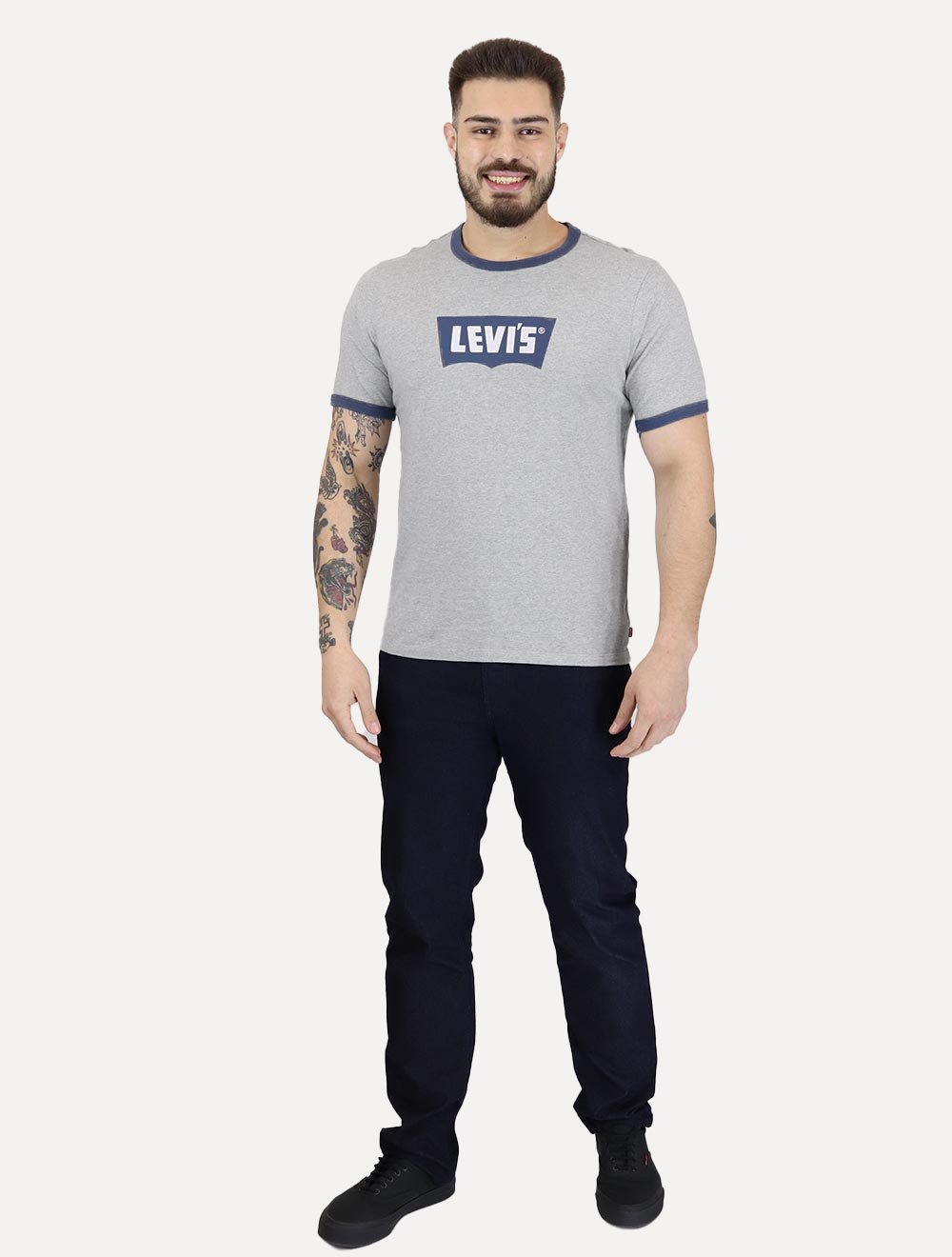 Camiseta Levis Masculina Standard Ringer Azul Cinza Mescla