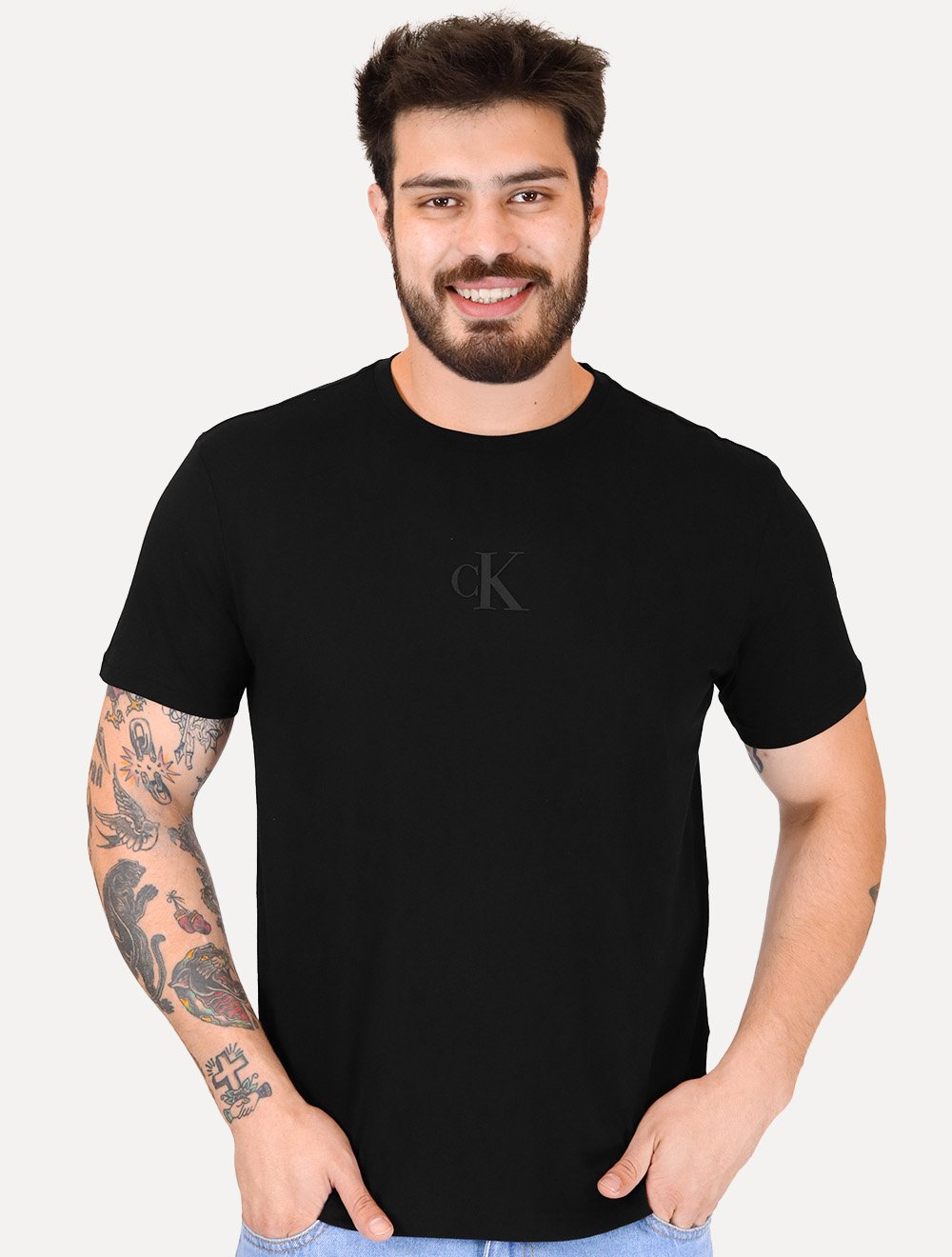 Camiseta Calvin Klein Jeans Masculina Frontal CK Rubber Relevo Preta