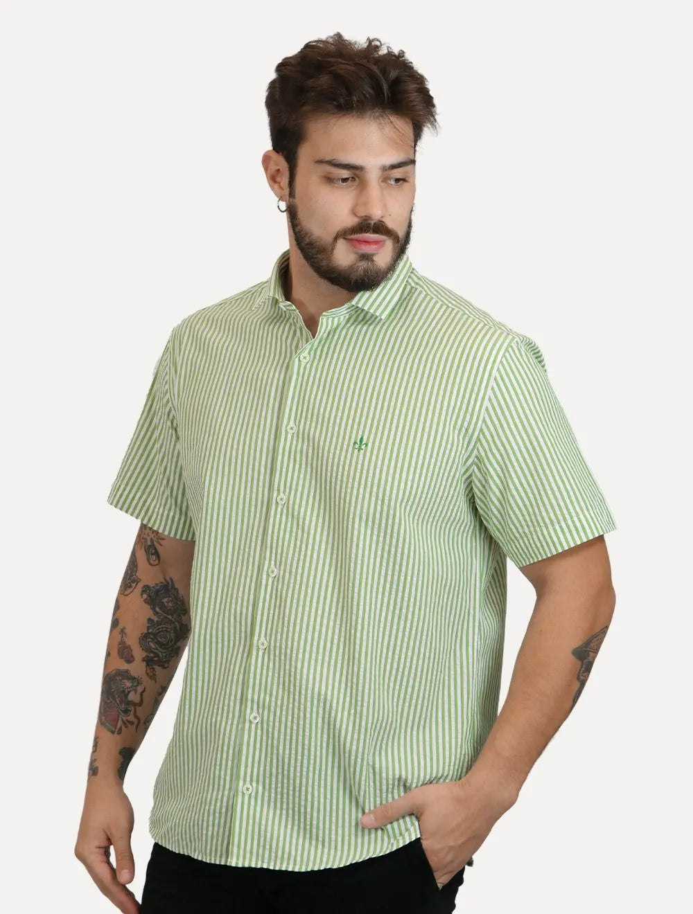 Camisa Dudalina Masculina Manga Curta Comfort Superfine Cotton Listrada Verde