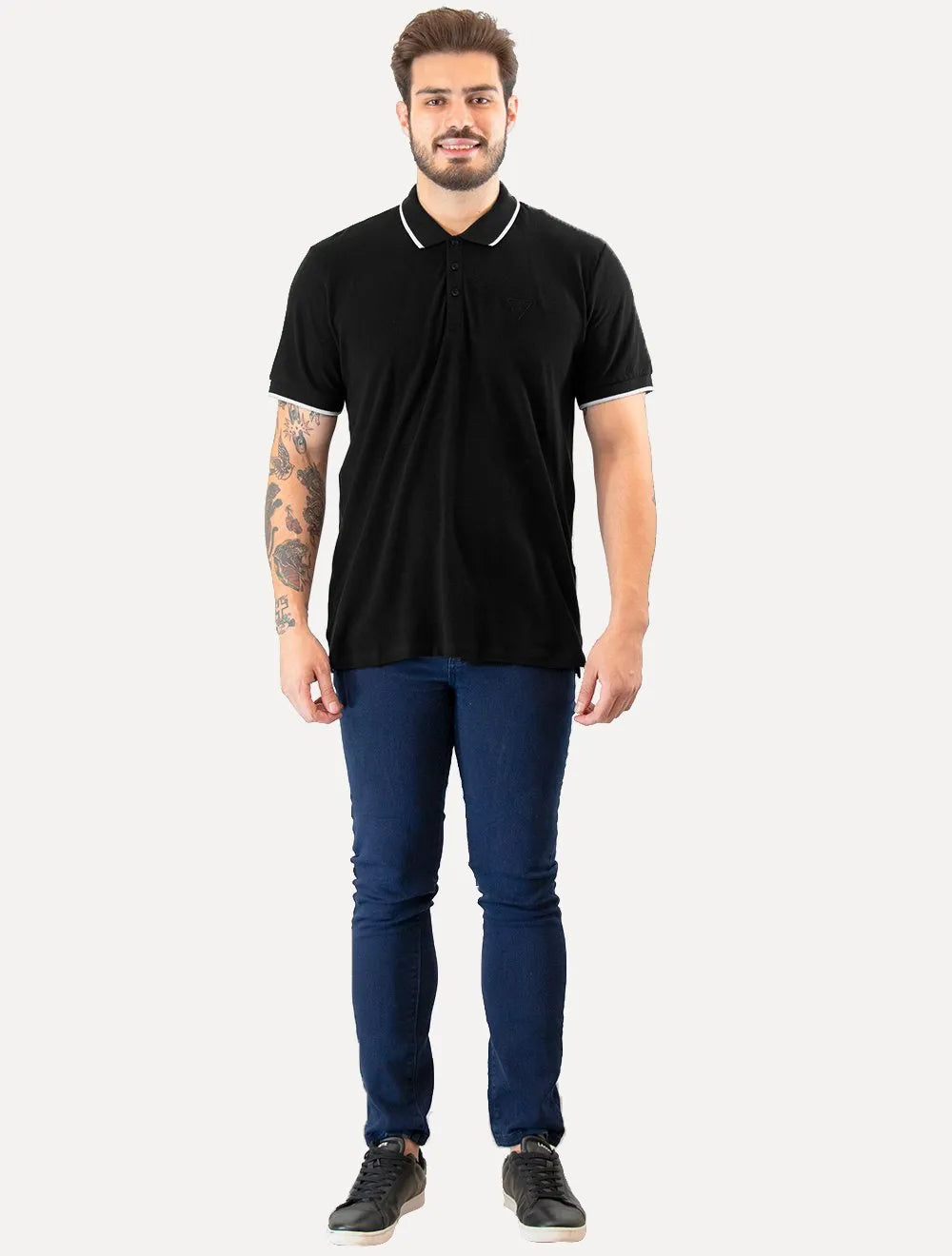 Polo Guess Masculina Piquet Light Friso Bordado Preta