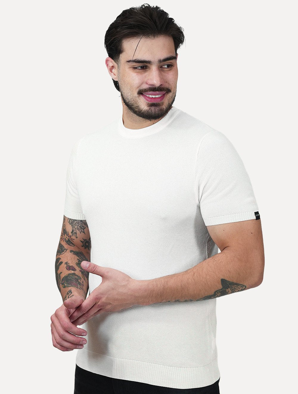 Camiseta Dixen Masculina Tricot Manga Curta Gola Careca Textura Branco