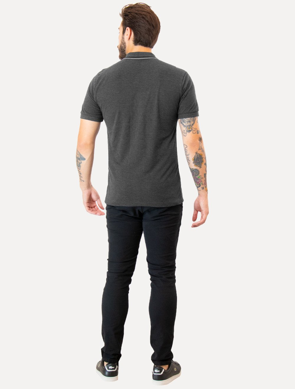 Polo Guess Masculina Piquet Friso Bordado Cursivo Cinza Escuro Mescla