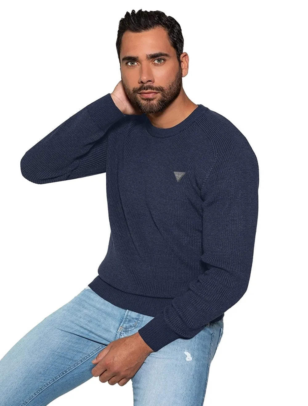 Blusa Guess Tricot Pullover Estonado Logo Azul Marinho