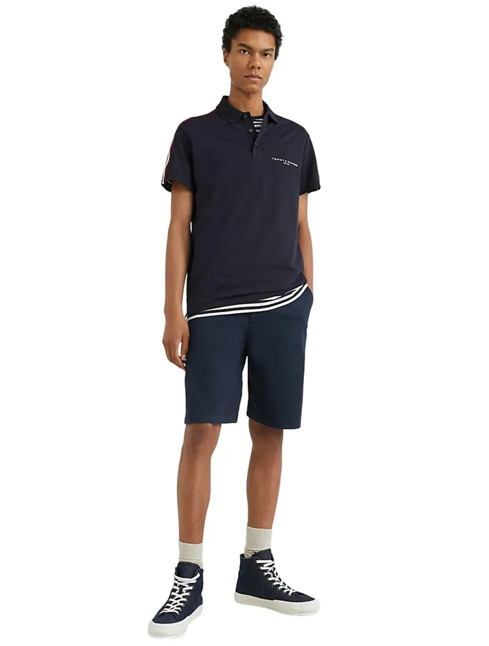 Polo Tommy Hilfiger Masculina Regular Global Stripe Shoulder Azul Marinho