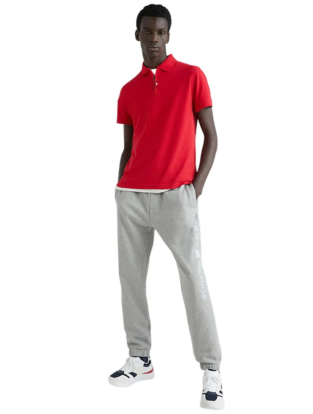 Polo Tommy Hilfiger Masculina Regular Global Stripe Half Zip Vermelha
