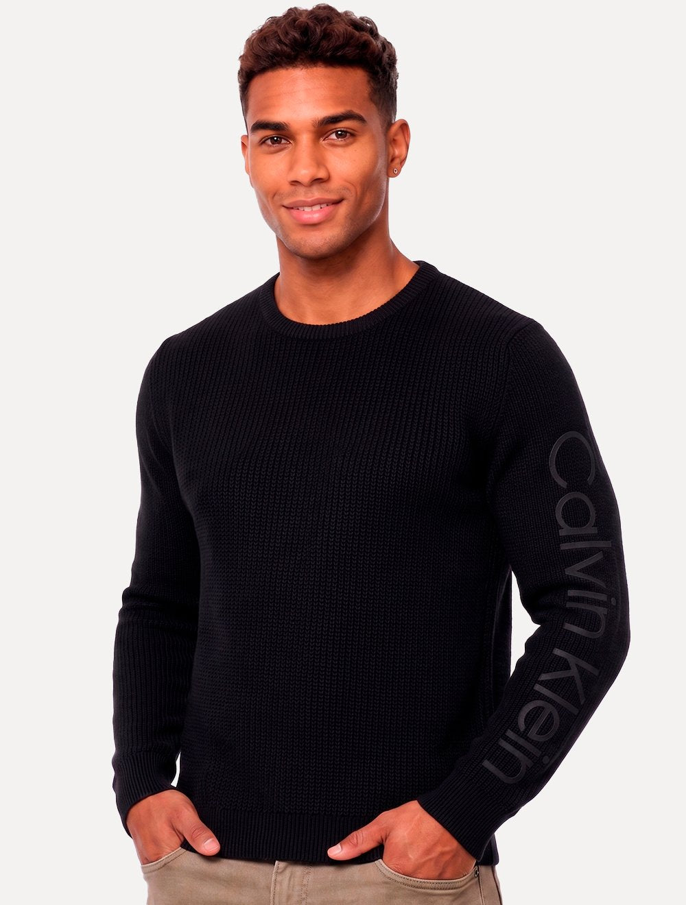 Suéter Calvin Klein Jeans Masculino Crewneck Tricot Sleeve Name Logo Preto