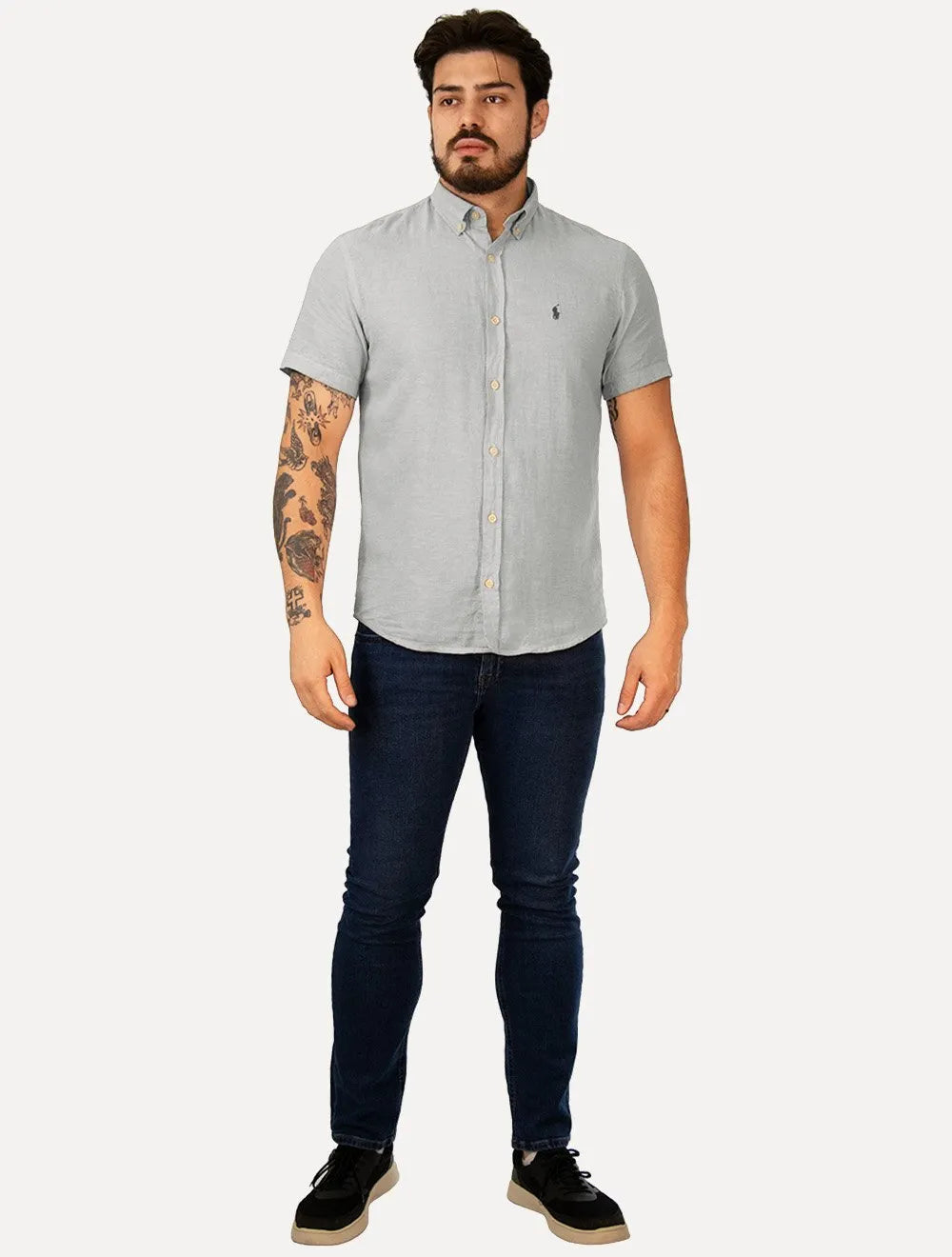 Camisa Ralph Lauren Masculina Manga Curta Custom Linho Grey Logo Cinza Mescla
