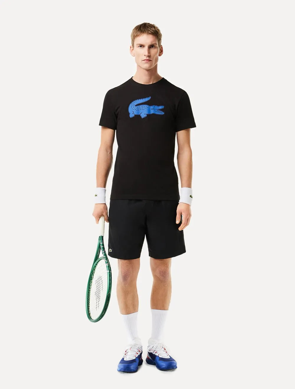 Camiseta Lacoste Masculina Jersey Sport 3D Blue Logo Preta