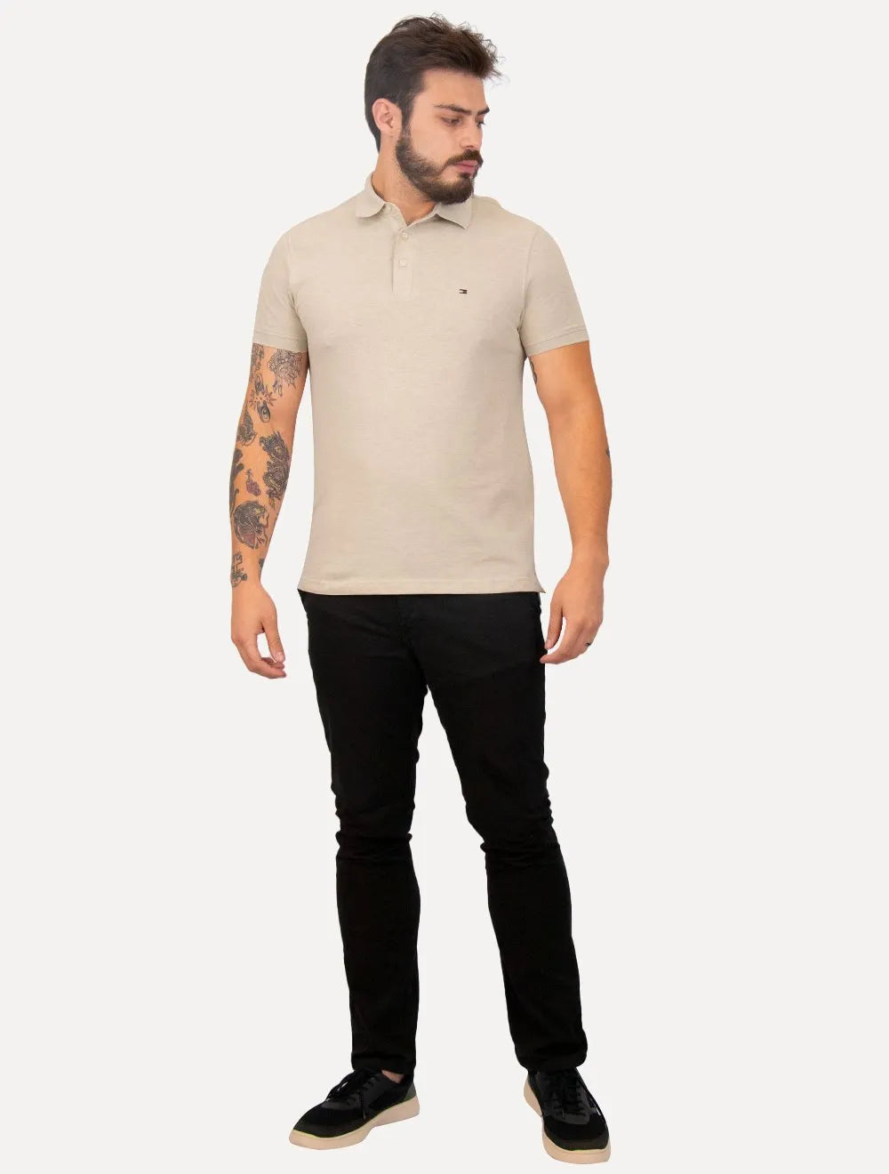 Polo Tommy Hilfiger Masculina Slim Piquet 1985 Areia Mescla