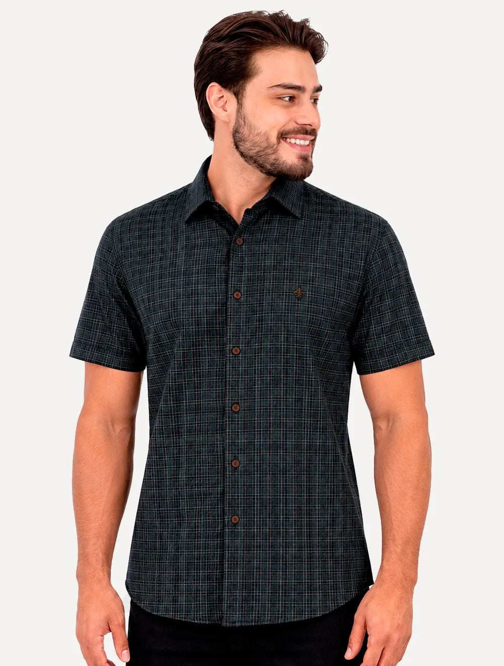 Camisa Dudalina Masculina Manga Curta Comfort Fit Slub Cotton Xadrez Flame Azul Marinho
