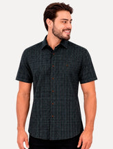 Camisa Dudalina Masculina Manga Curta Comfort Fit Slub Cotton Xadrez Flame Azul Marinho