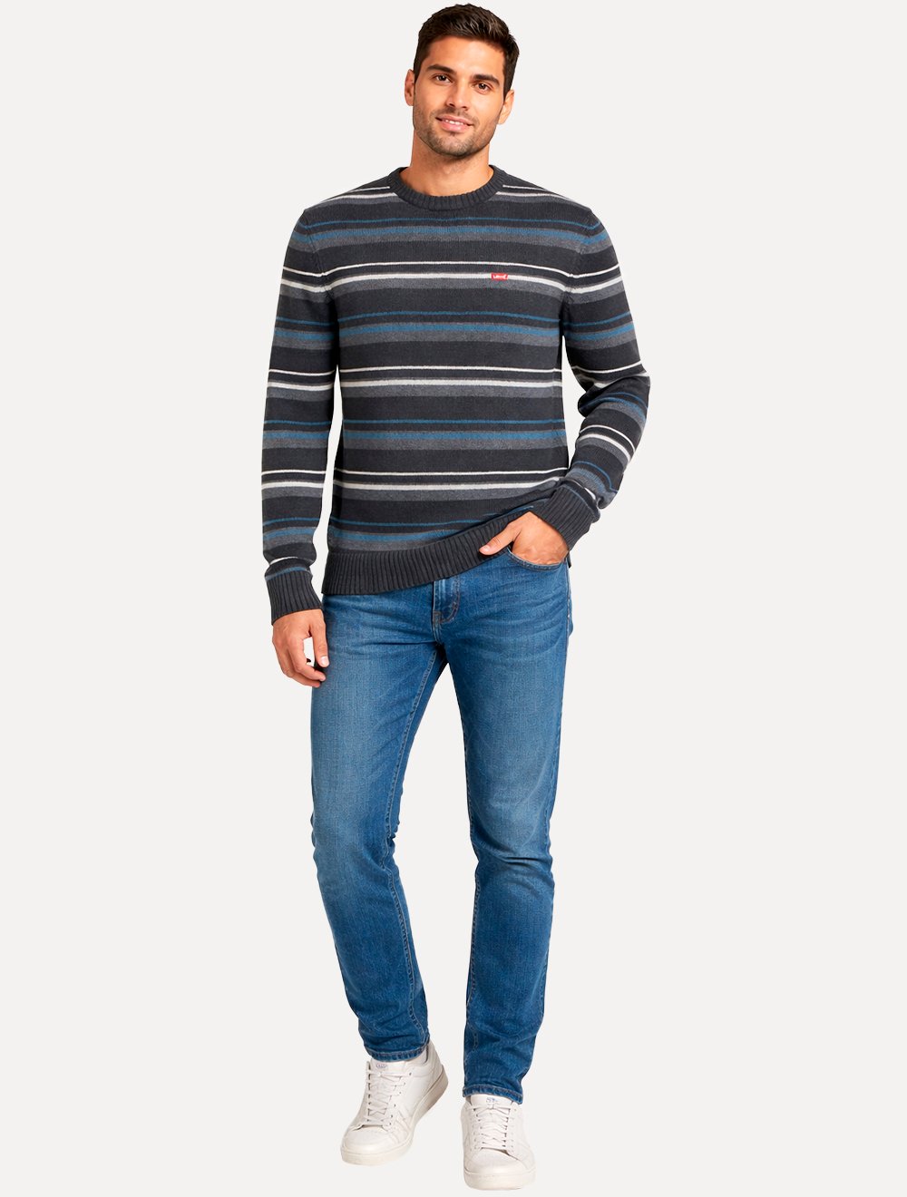 Suéter Levis Masculino Crewneck Classic Housemark Listrado Logo Cinza
