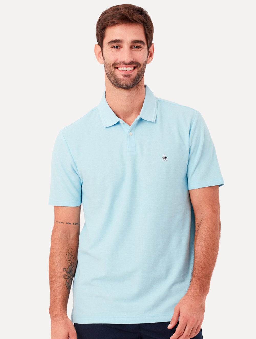 Polo Original Penguin Masculina Piquet Lisa Patch Azul Claro