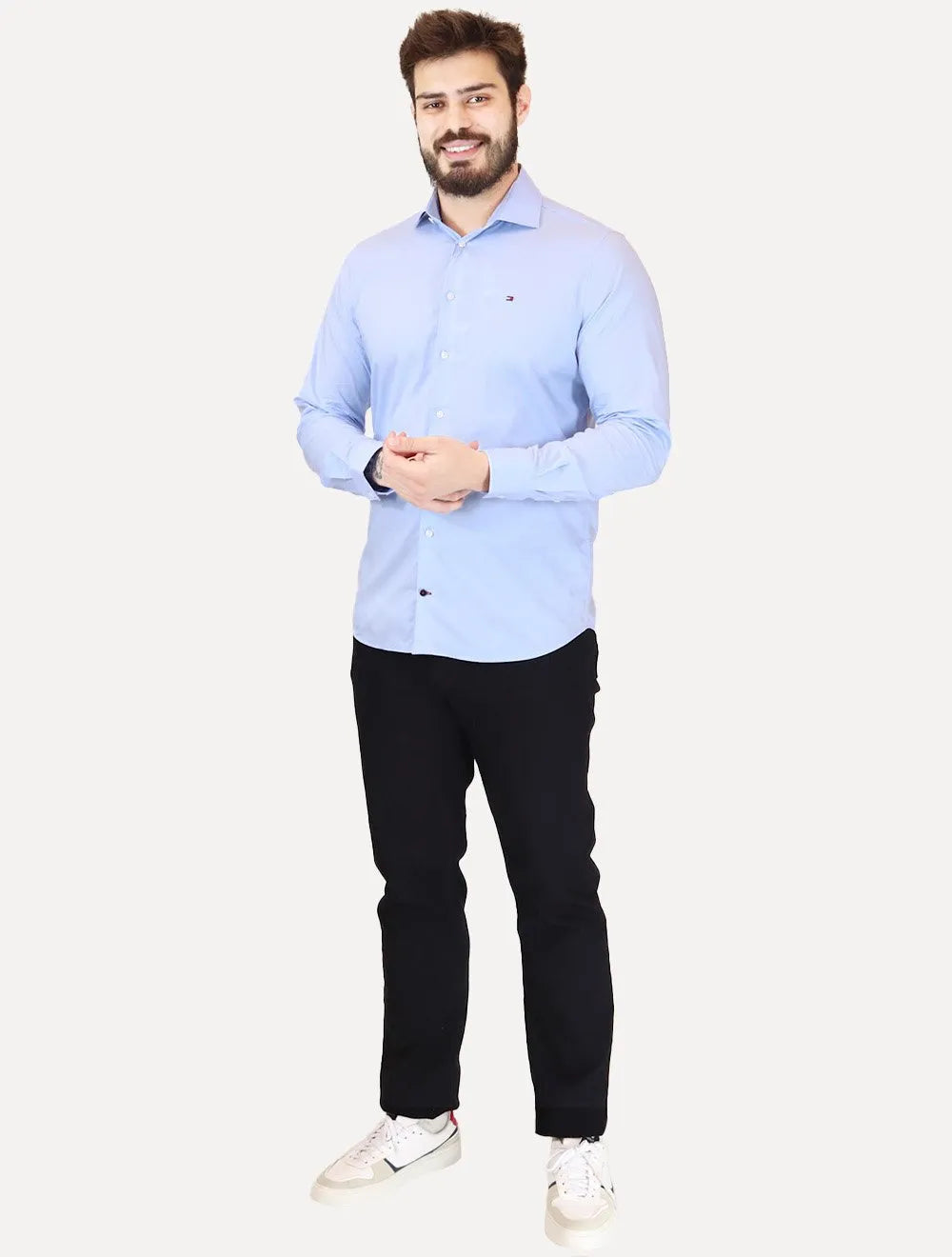 Camisa Tommy Hilfiger Masculina Slim THFlex Poplin Azul Claro