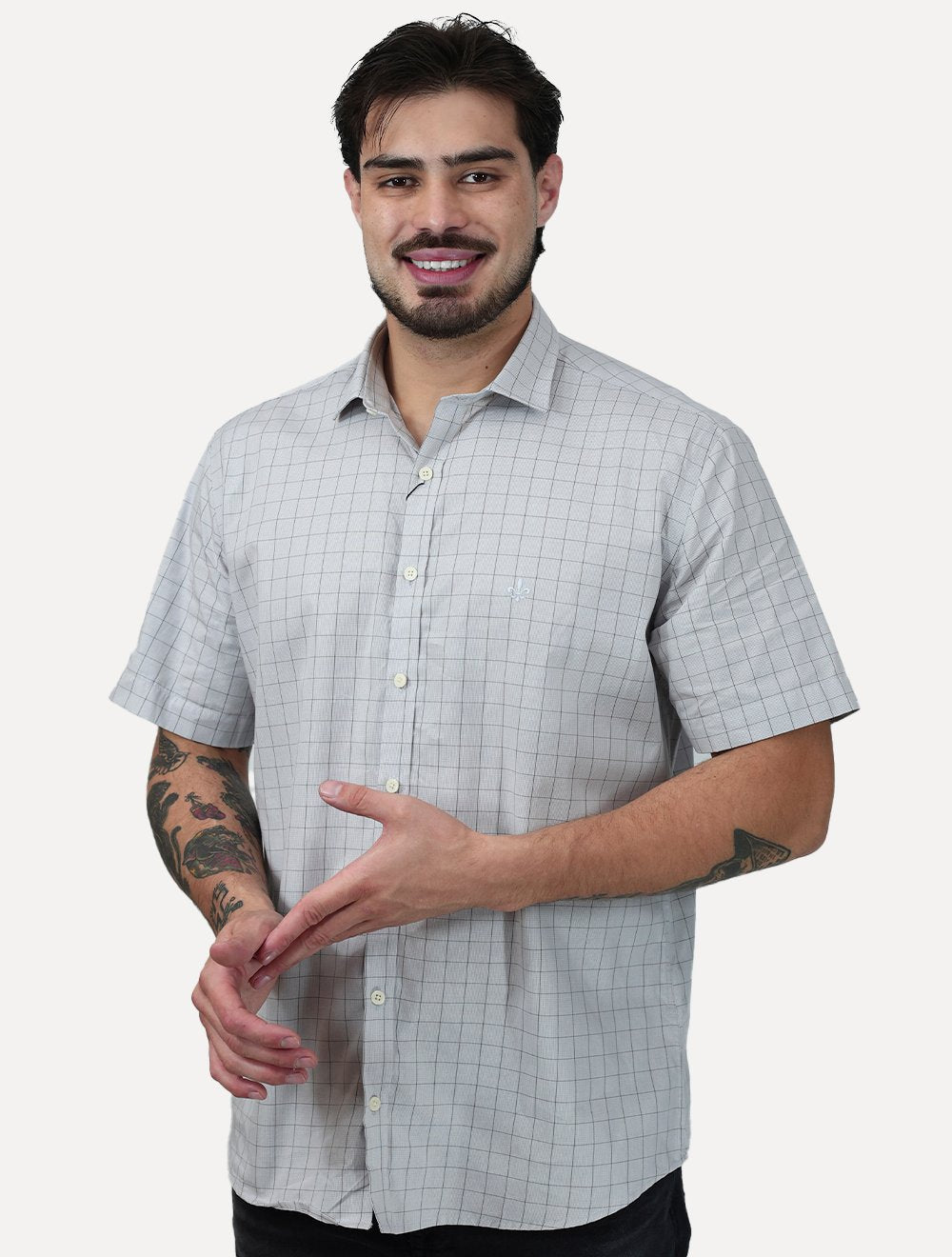 Camisa Dudalina Masculina Manga Curta Confort Superfine Cotton Light Logo Xadrez Cinza Claro