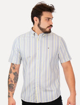 Camisa Tommy Hilfiger Masculina Manga Curta Regular Oxford Multi Stripes Amarela