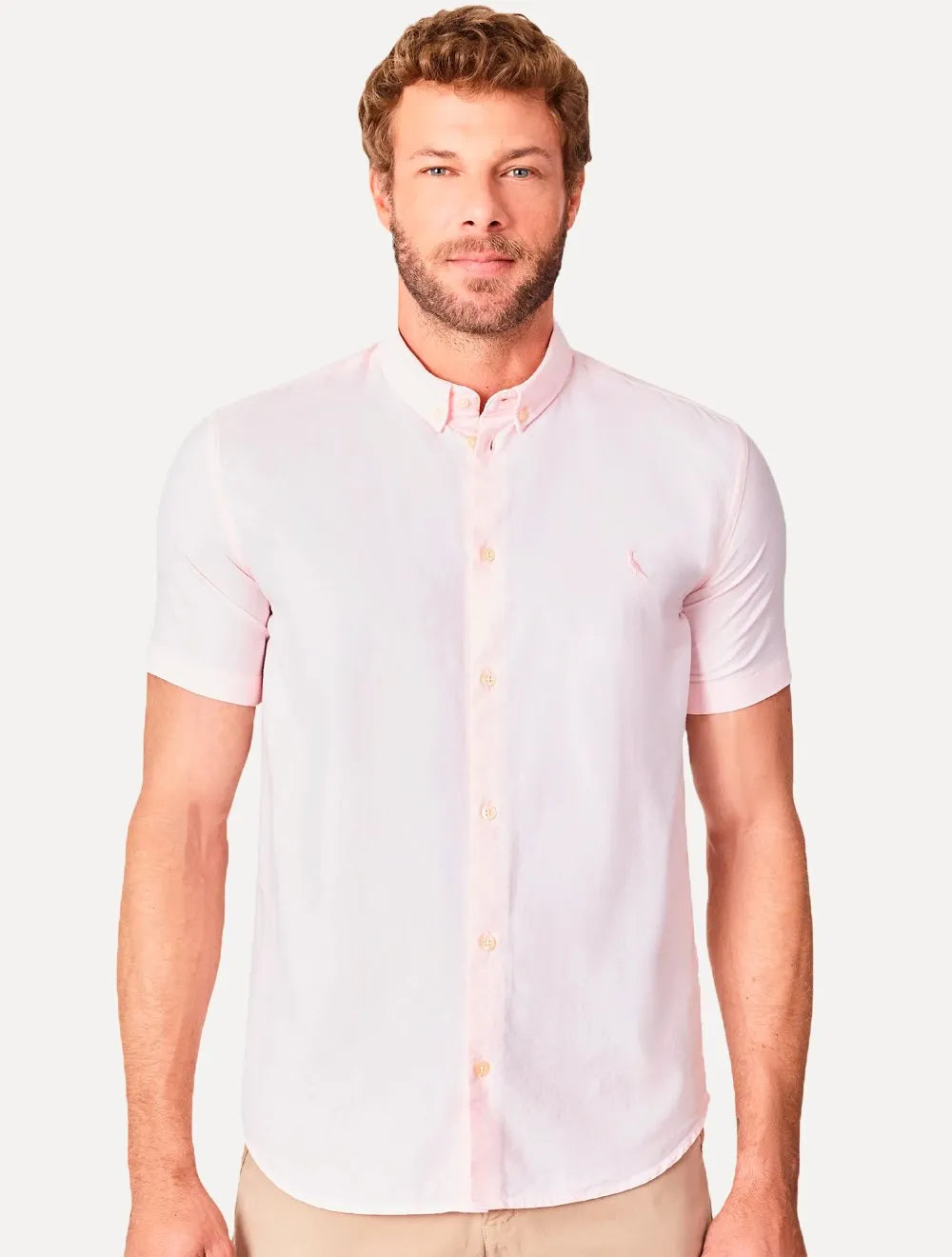 Camisa Reserva Masculina Manga Curta Oxford Color Rosa Claro