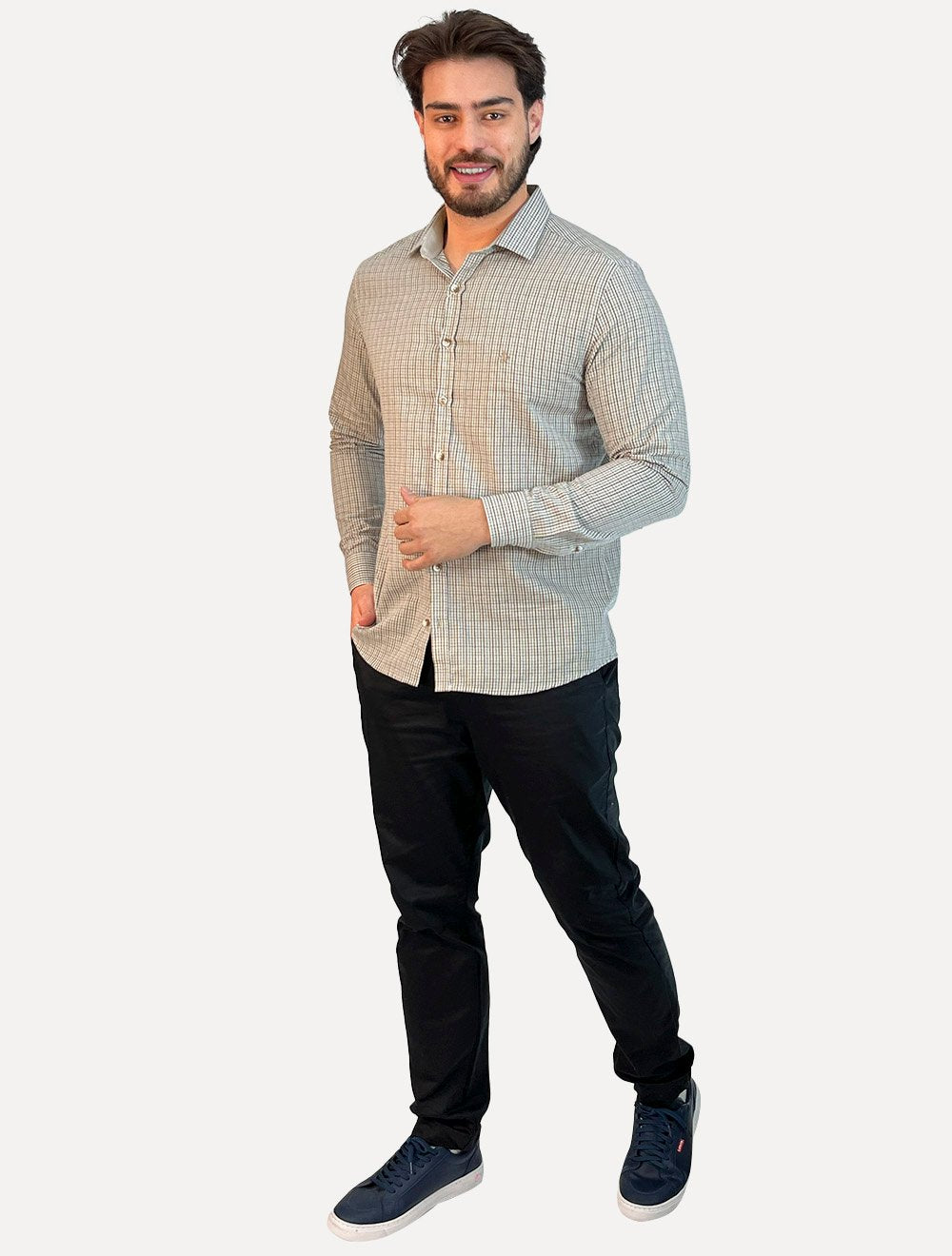 Camisa Dudalina Masculina Comfort Superfine Slim Tricoline Xadrez Mono Logo Cáqui Escuro