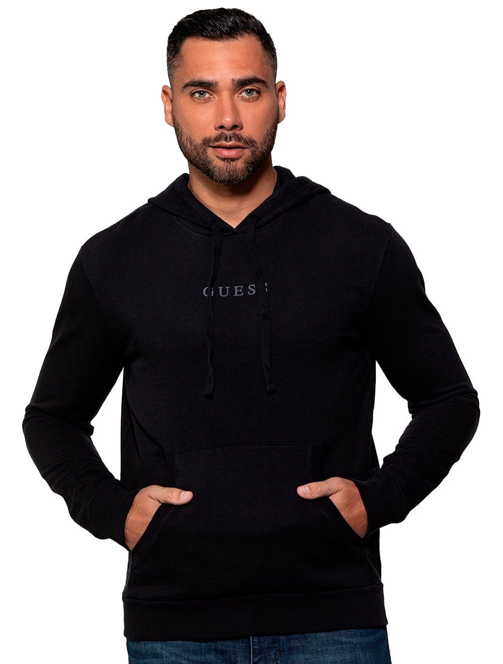 Moletom Guess Masculino Hoodie Small Logo Silk Preto