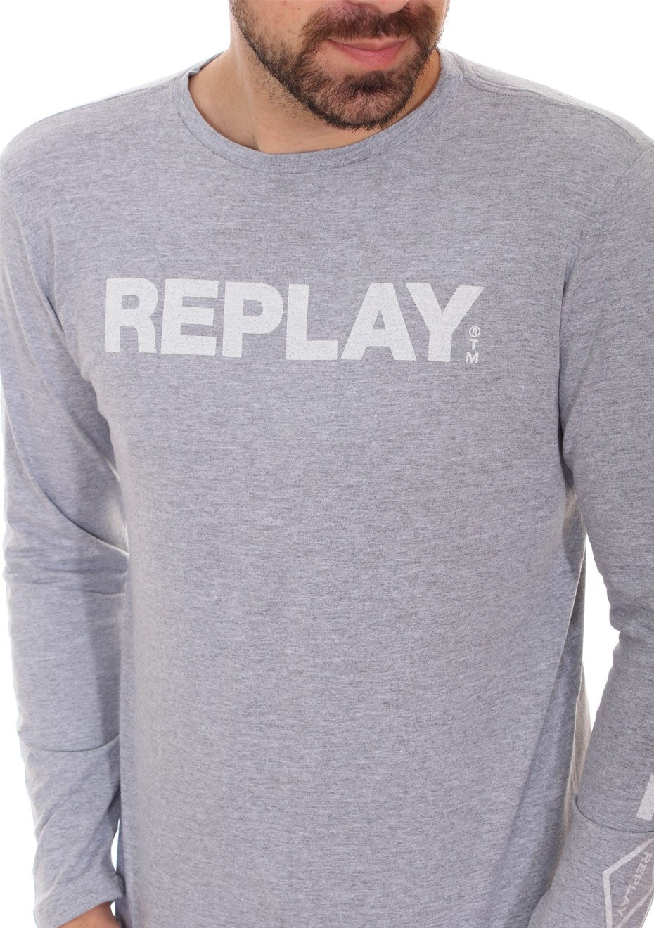 Camiseta Replay Masculina Manga Longa Logo Chest Cinza Mescla