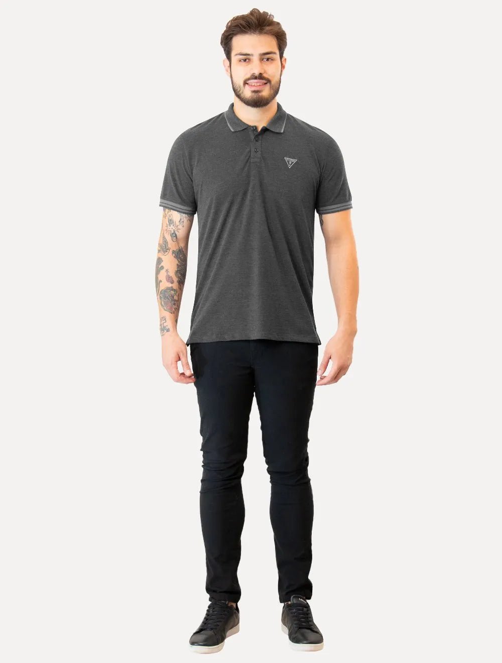 Polo Guess Masculina Piquet Frisos Triangulo Bordado Light Cinza Escuro Mescla
