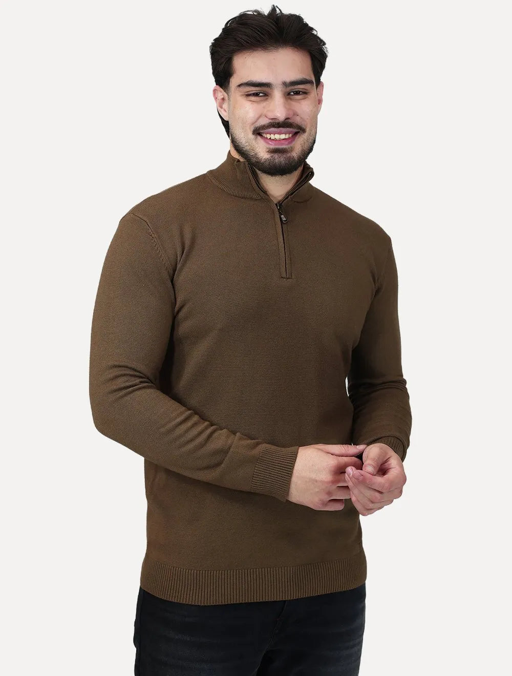 Suéter Dixen Masculina Tricot Manga Longa com Ziper Frontal Marrom