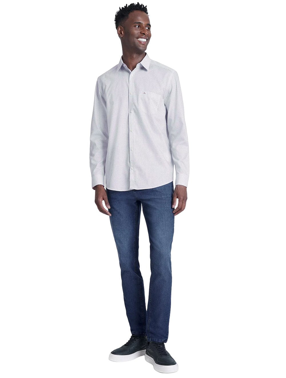 Camisa Aramis Masculina Regular Tricoline Micro Xadrez Branca/Azul Índigo