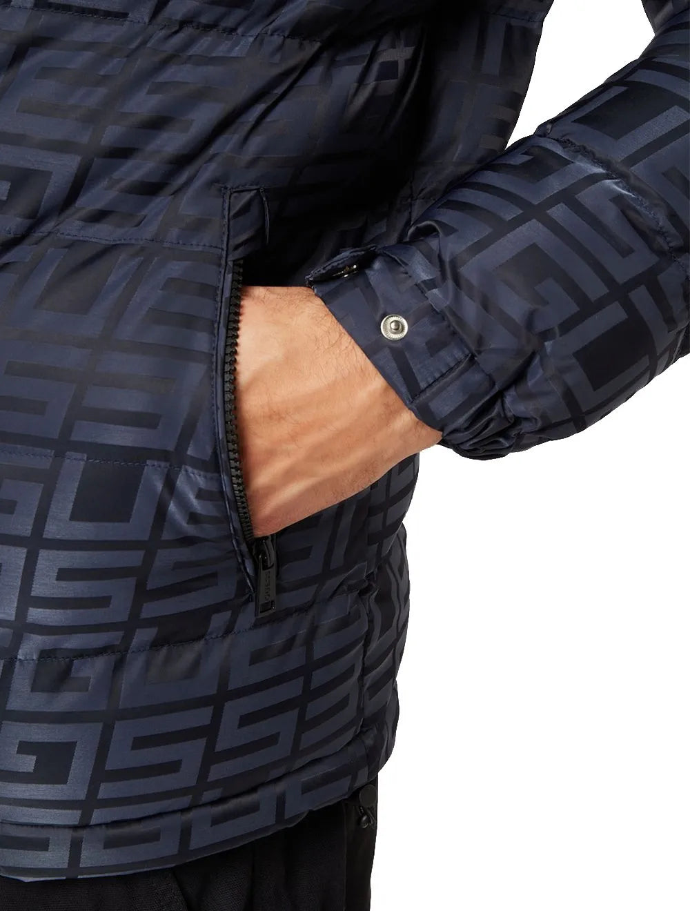 Jaqueta Guess Masculina Hoodie Allover Logo Puffer Azul Marinho