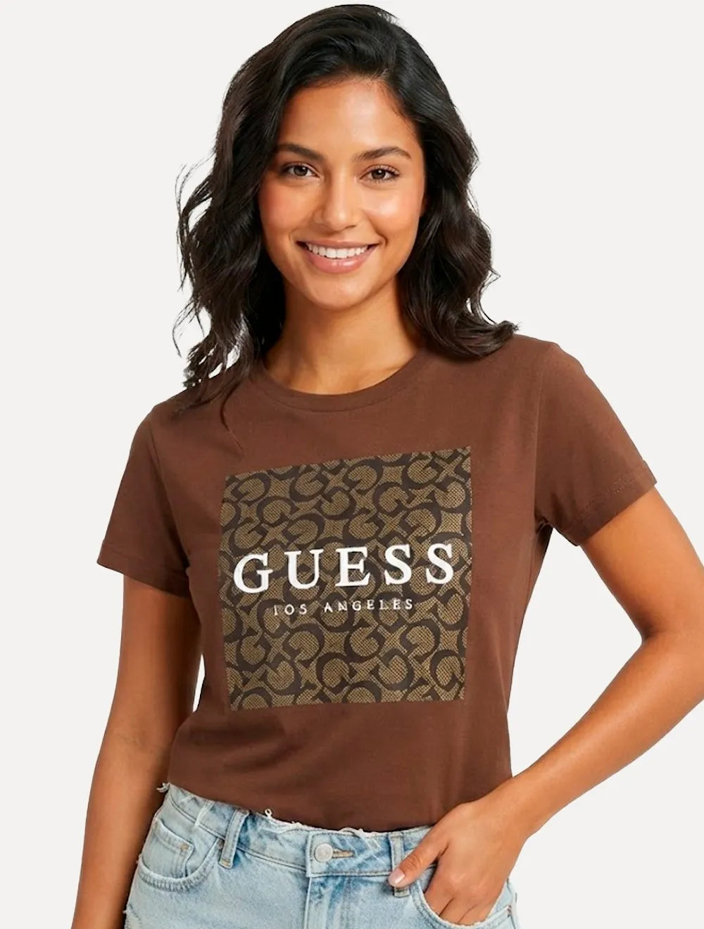 Camiseta Guess Feminina Silk Block Logo Marrom