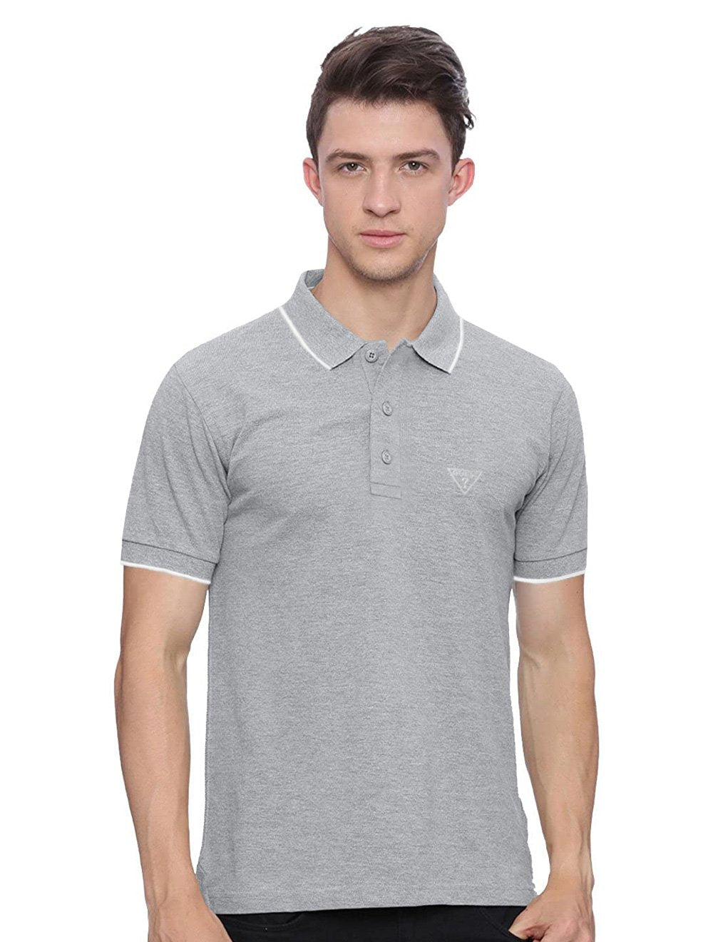 Polo Guess Masculina Piquet Frieze Logo Bordado Cinza Mescla