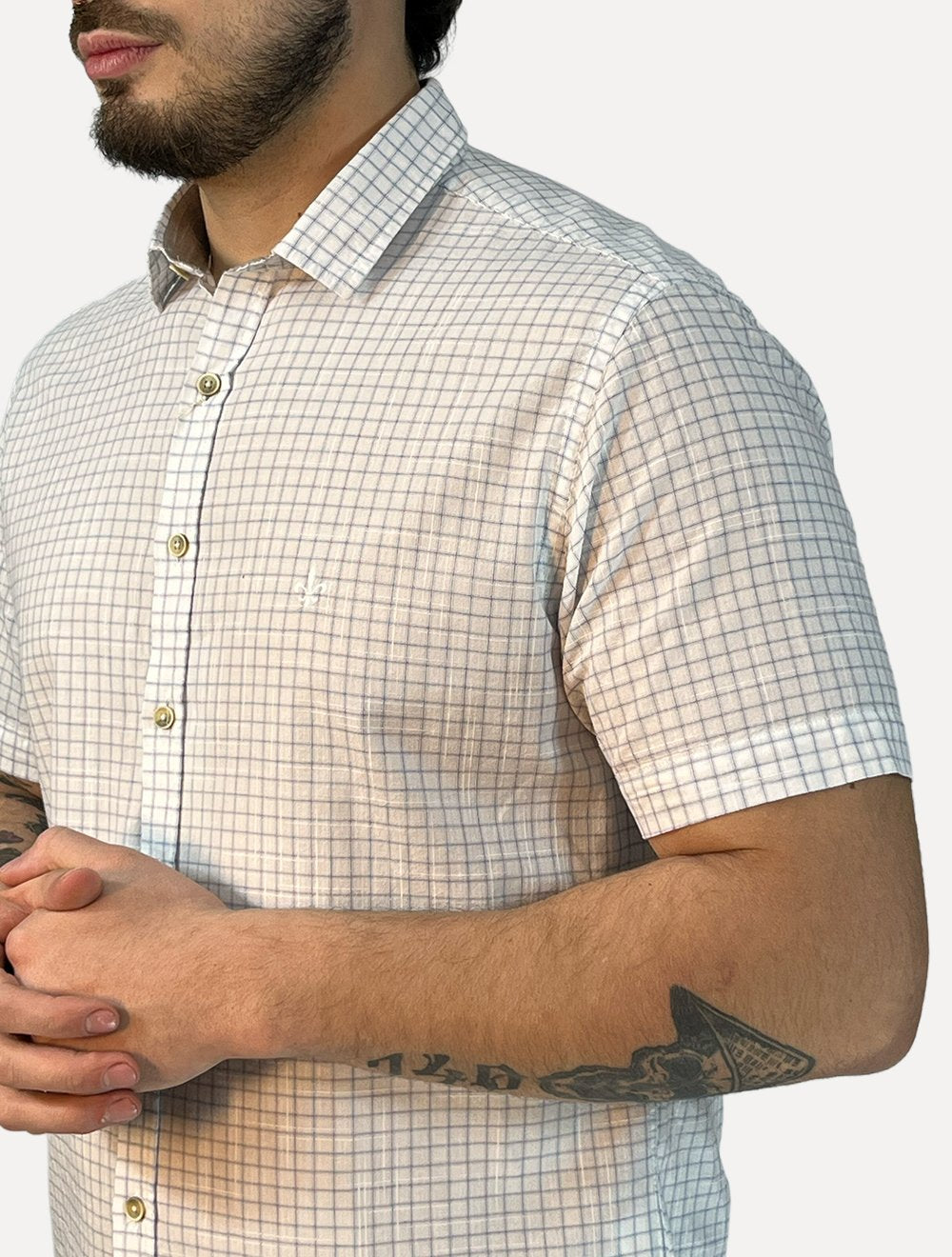 Camisa Dudalina Masculina Manga Curta Slim Flamê Xadrez Mono Logo Branca