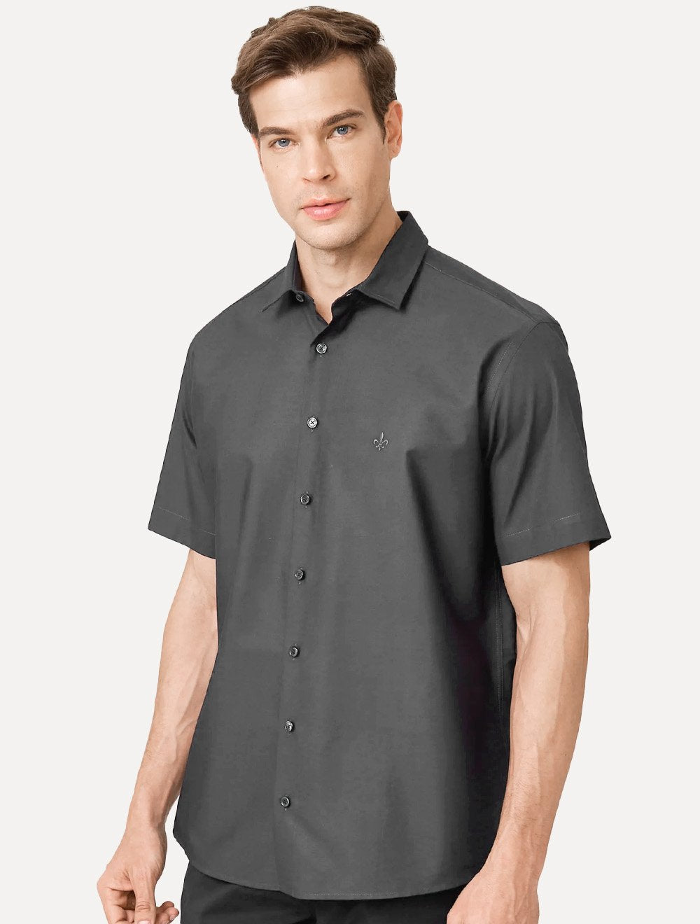 Camisa Dudalina Masculina Manga Curta Comfort Superfine Cotton Mono Logo Lisa Cinza Escuro