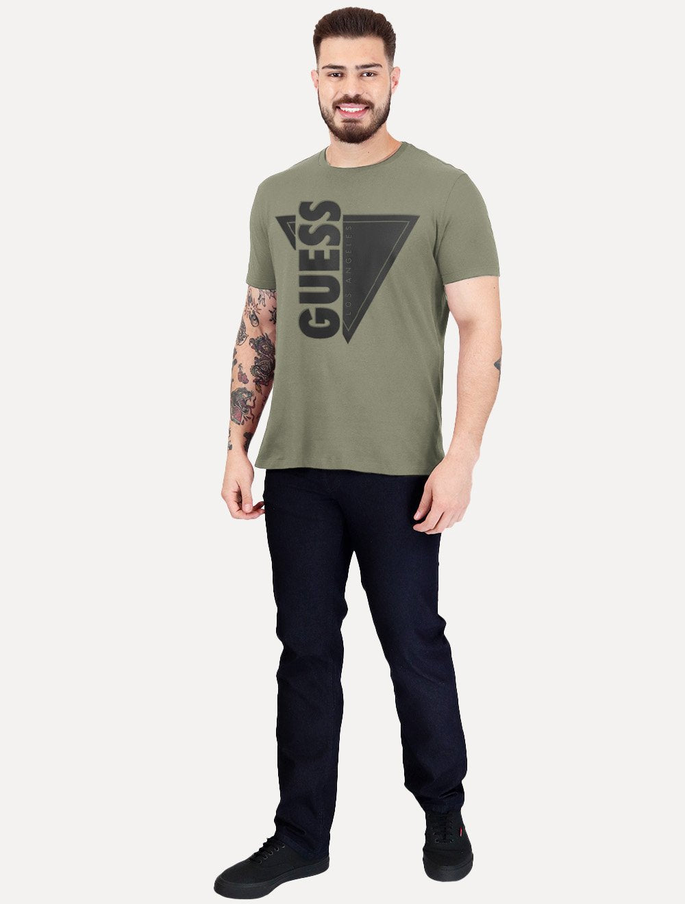 Camiseta Guess Masculina Los Angeles Triângulo Rubber Verde Escuro