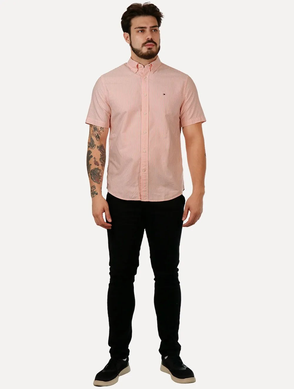 Camisa Tommy Hilfiger Masculina Manga Curta Regular Oxford Stripes Laranja Mescla