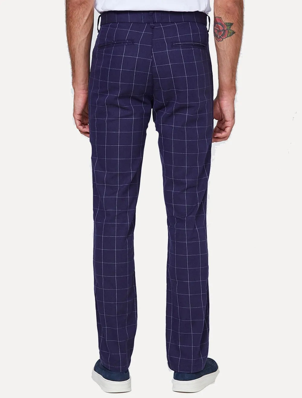 Calça Dudalina Masculina Sarja Slim Chino Xadrez Azul Marinho