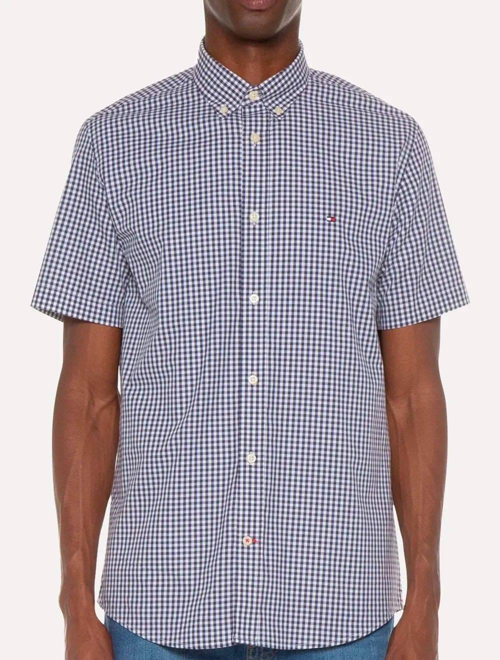 Camisa Tommy Hilfiger Masculina Manga Curta Xadrez Gingham Branca/Marinho