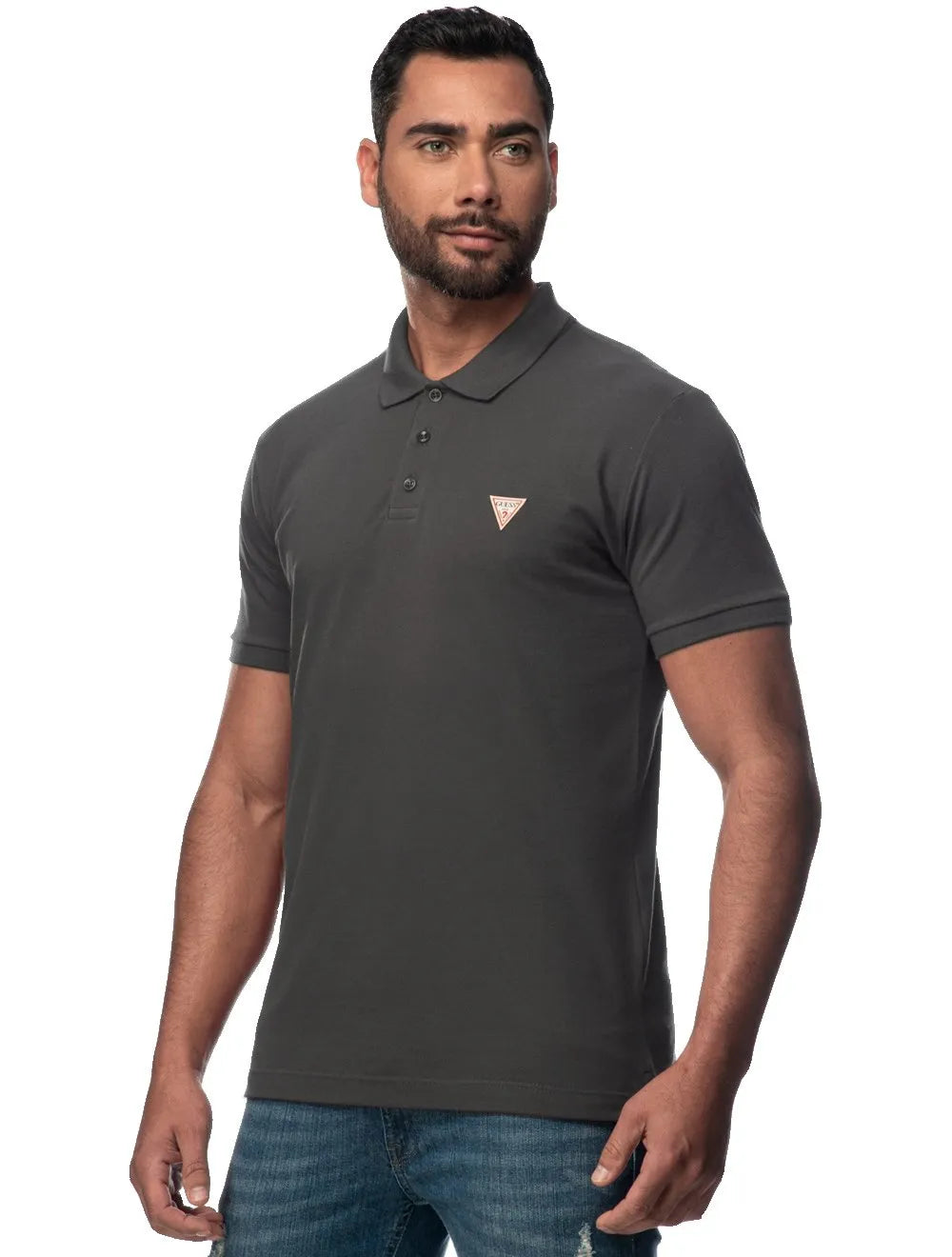 Polo Guess Masculina Piquet Tag Logo Chumbo Mescla