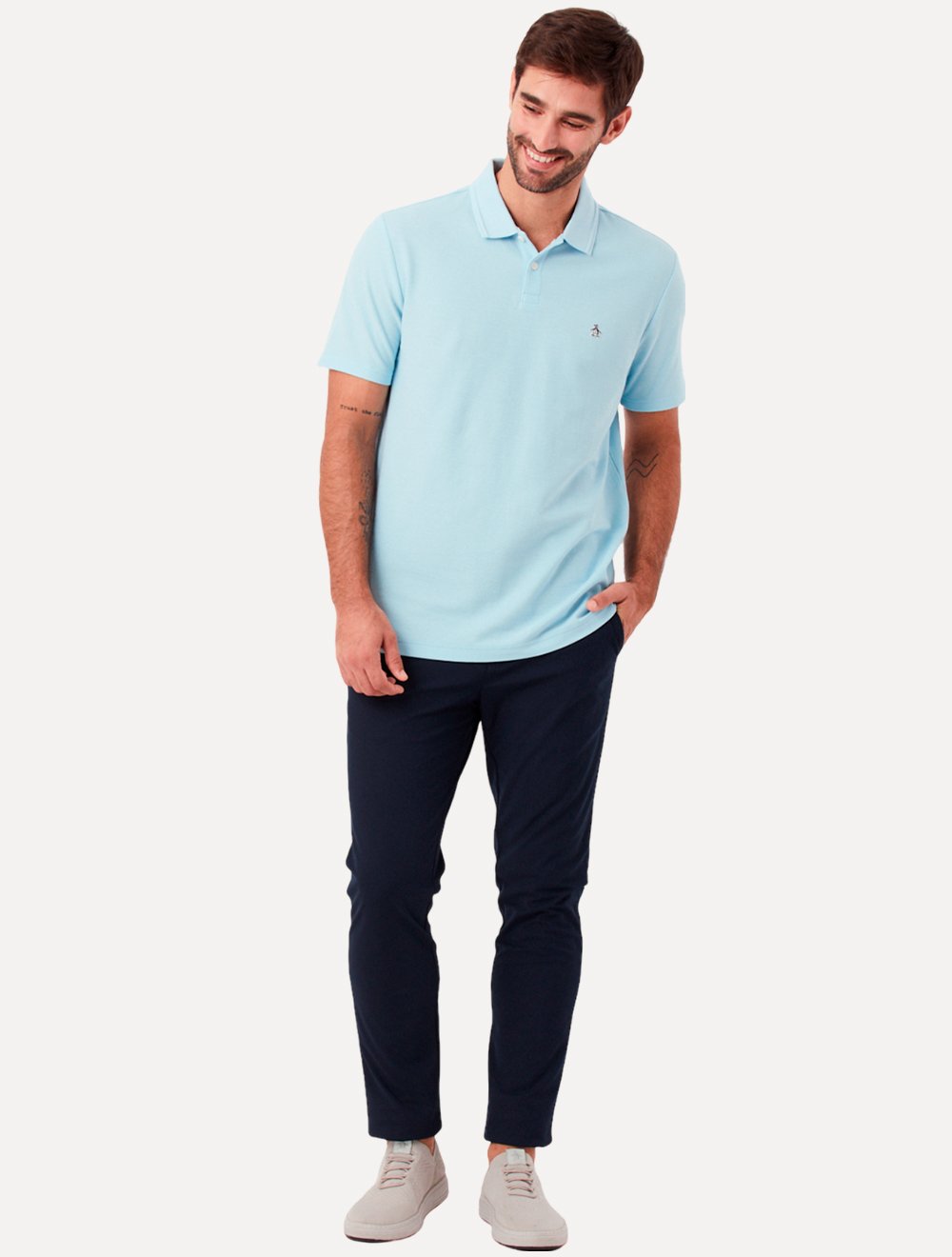 Polo Original Penguin Masculina Piquet Lisa Patch Azul Claro