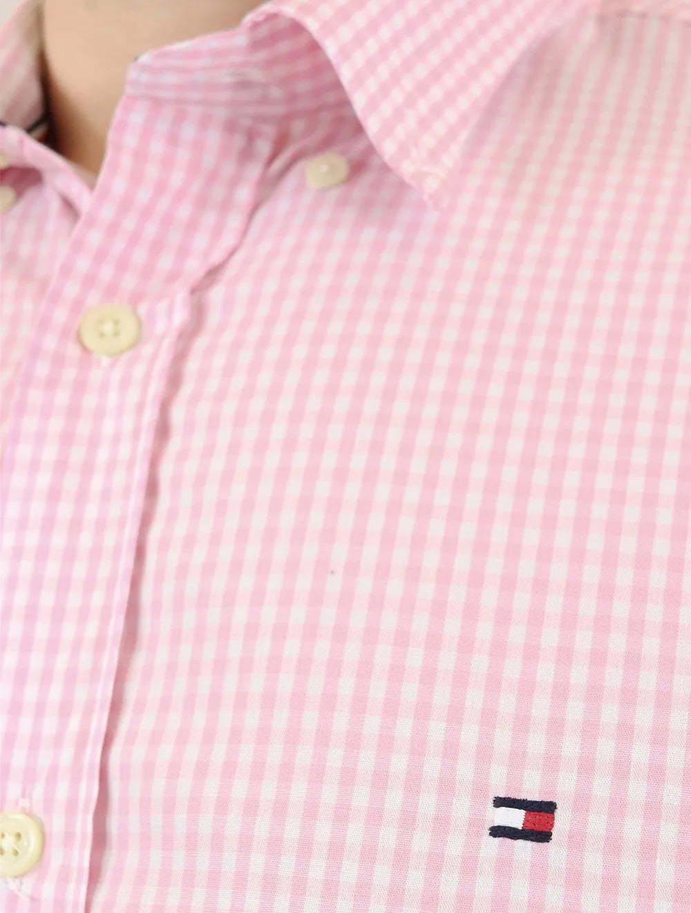 Camisa Tommy Hilfiger Masculina Xadrez Gingham Branca/Rosa Médio