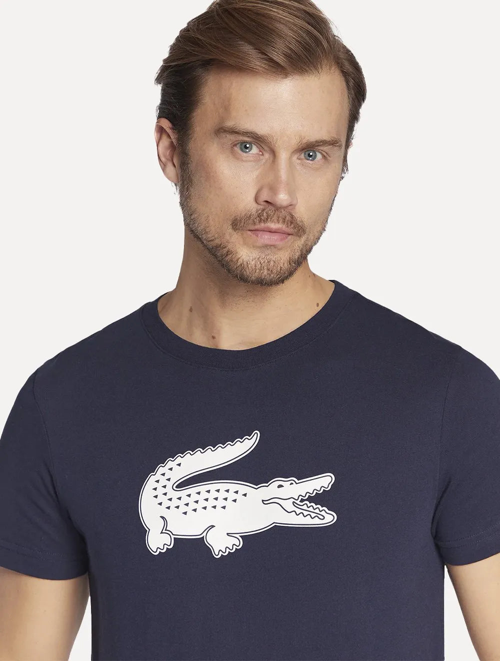 Camiseta Lacoste Masculina Jersey Sport 3D White Logo Azul Marinho