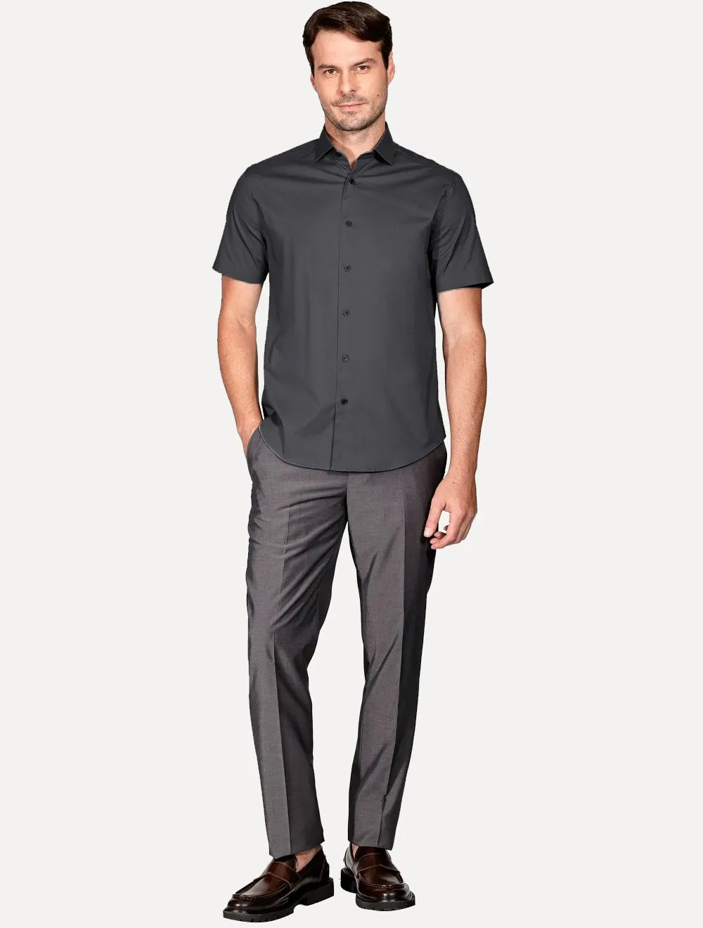 Camisa Aramis Masculina Manga Curta Slim Stretch Tricoline Chumbo