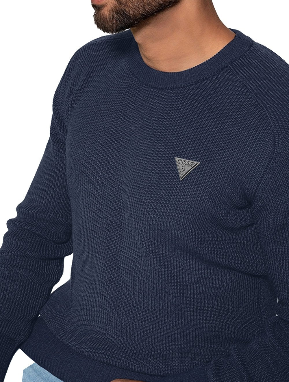 Blusa Guess Tricot Pullover Estonado Logo Azul Marinho