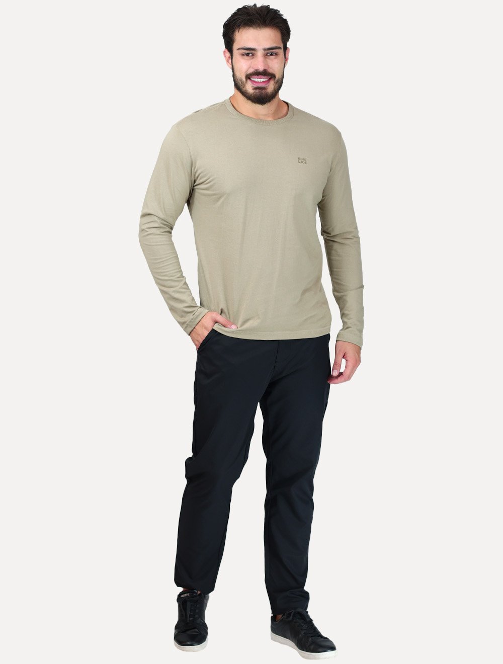 Camiseta King & Joe Masculina Manga Longa Basic Dark Small Logo Cáqui